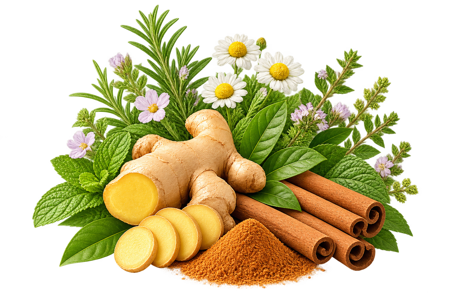 Ginger, Ceylon cinnamon, chamomile, mint and fresh botanicals