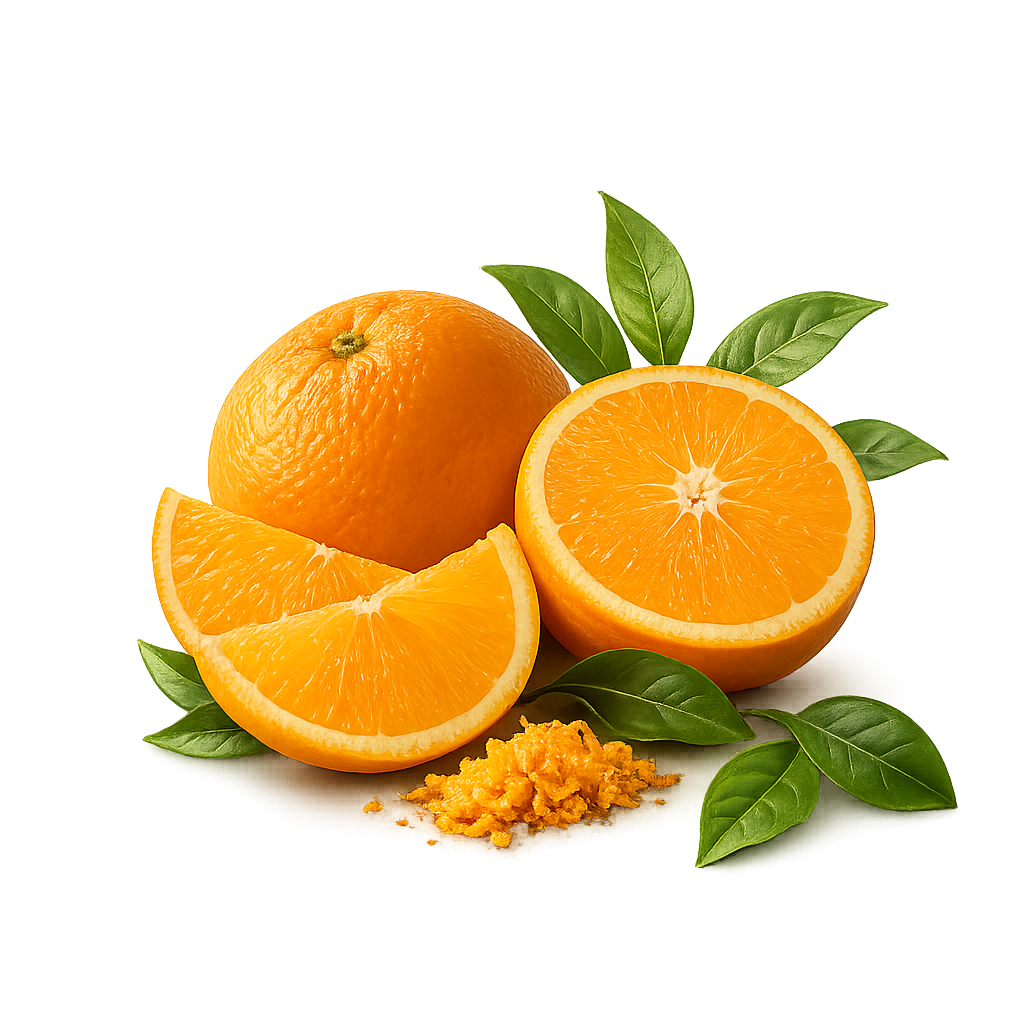 Fresh oranges with leaves and zest