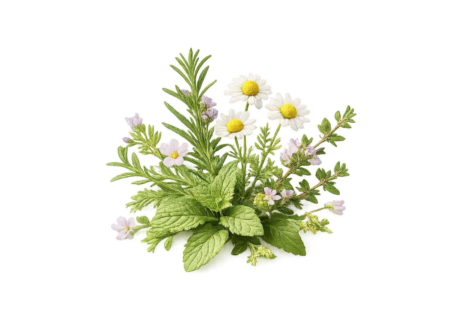 Fresh botanical herbs including chamomile, rosemary, and mint
